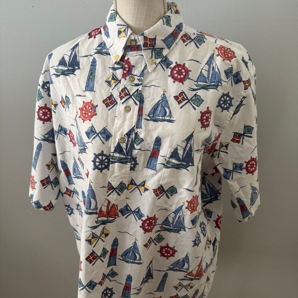 Reyn Spooner Vintage White Sailboat Nautical Short Sleeve Shirt Size‎ L